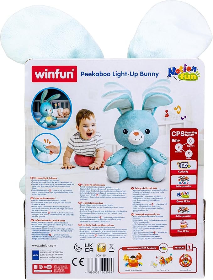 winfun Peekaboo Light Up Bunny – Interactive Plush Toy for Babies, Plays Peekaboo with Sounds & Melodies, Soft Tactile Fabric, Satin Ribbon Tags, Ages 6 Months & Up