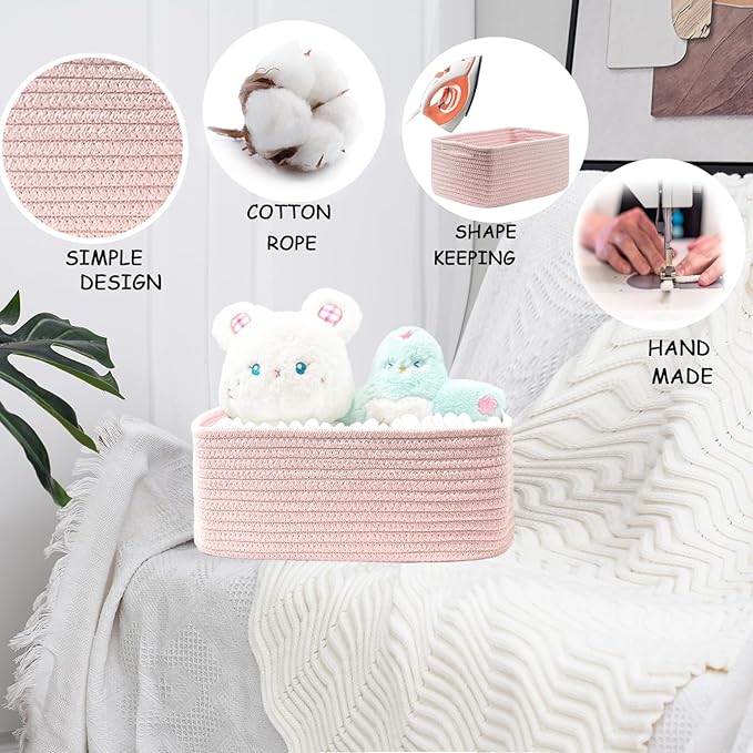 COMFY-HOMI 13" x 8.5" x 5.1"Storage Baskets for Organizing | Cotton Rope Woven Basket | Toy Storage Bin Box | Basket for Shelves, Closet Organizer Bin, Decorative Closet Shelf, 3 Pack, All pink
