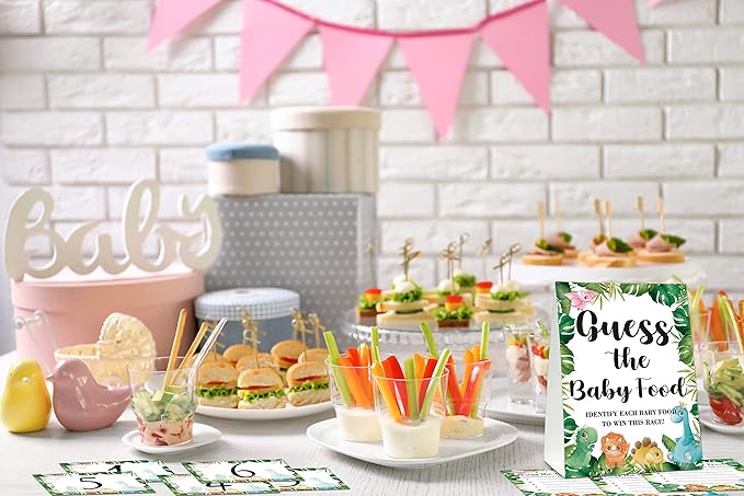 Baby Shower Game Set, Find The Baby Food Party Game(1 Standing Sign + 20 Answer Cards + 6 Number Cards), Safari Jungle Games for Boys and Girls, Dinosaur Gender Reveal Party Decor(A04)