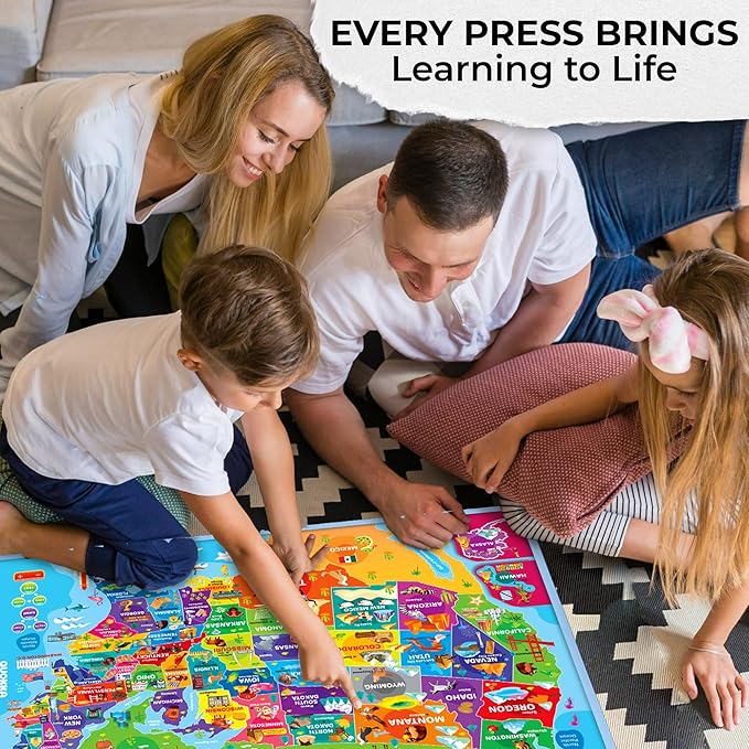 QUOKKA Educational Toys for Kids 5-7 Year Old - USA World Maps Learning Wall Chart for Toddlers Age 3 4 6+ - Interactive Speech Therapy Poster Boy Girl - Autism Game 8-10-12