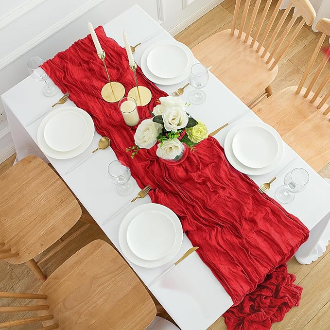12Pack Red Table Runner 35 x 120 inch Cheesecloth Table Runner 10FT Boho Table Runners Rustic Gauze Cheese Cloth Table Runners for Party Wedding Birthday Dining Bridal Shower Baby Shower Decor