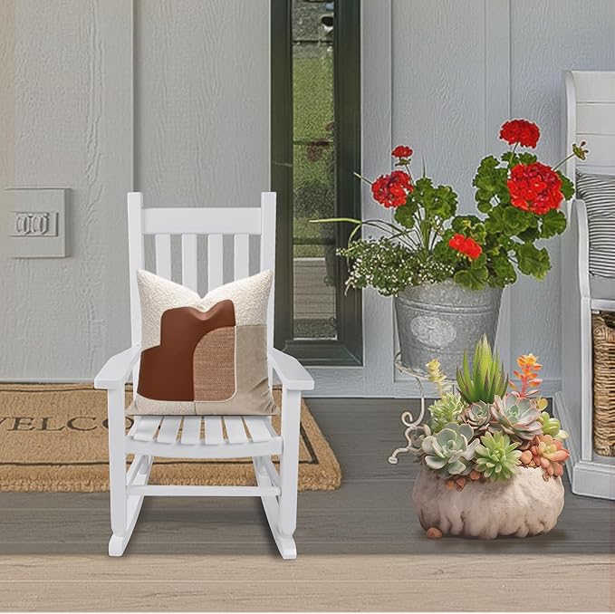 Kids Rocking Chair for Toddlers and Children Comfy Recliner Wooden Rocker for Baby Girls Outdoor Lounge Chair for Kids Age 6-10 Indoor Christmas Gift White