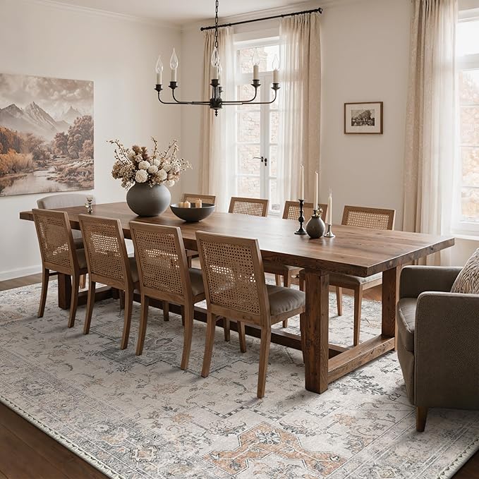 GENIMO 10x14 Area Rugs for Living Room, Non Slip Machine Washable Vintage Rugs, Low Pile Lightweight Chenille Print Large Rug for Bedroom, Dining Room, Home Office, Light Taupe Brown