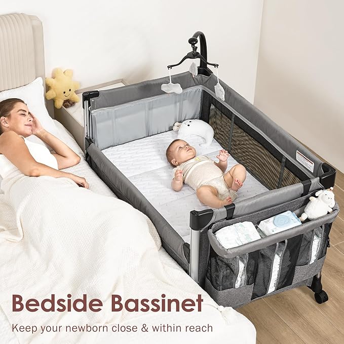Extra Large Pack and Play with Mattress - One-Push Setup Playard - Baby Bassinet Bedside Crib with Diaper Changer & Storage Bag from Newborn to Toddler (Grey)