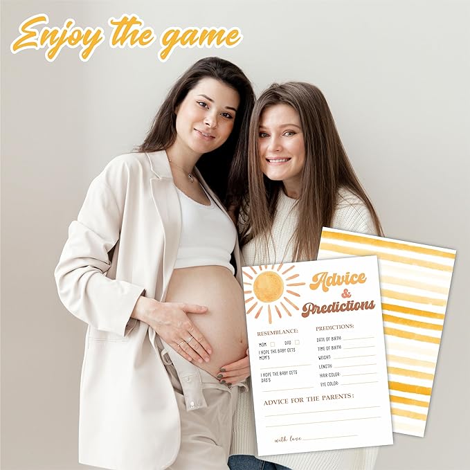 Prediction & Advice Game Set For Baby Shower - Watercolor Sunshine - 30 Double-Sided Fill In Style Game Cards For Gender Reveal, Baby Announcement, Party Favor & Supplies - B01