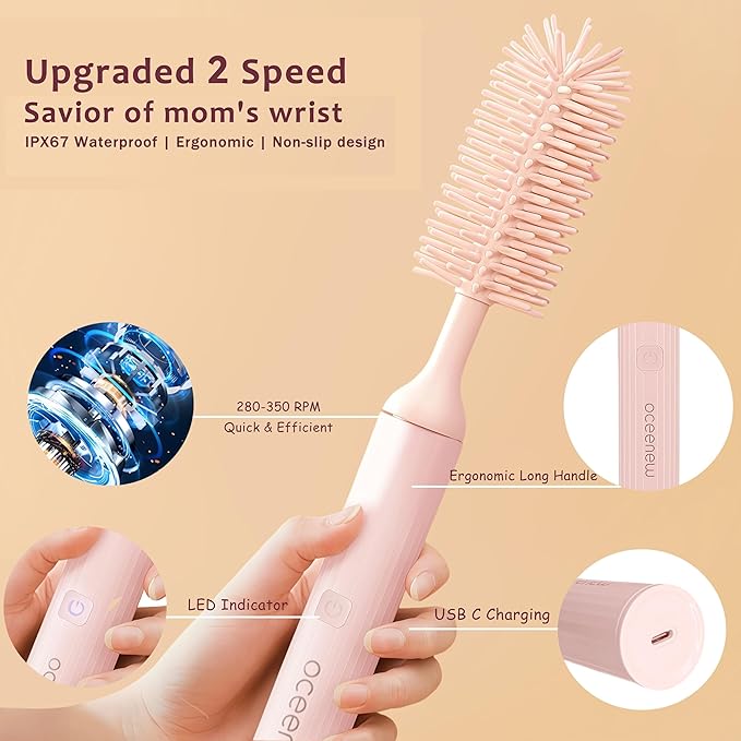 Electric Bottle Brush Cleaner, Rechargable Electric Baby Bottle Brush for Travel, Waterproof Cleaner Set with Nipple & Straw Brush(2-Speed Modes, Food-Grade Silicone)