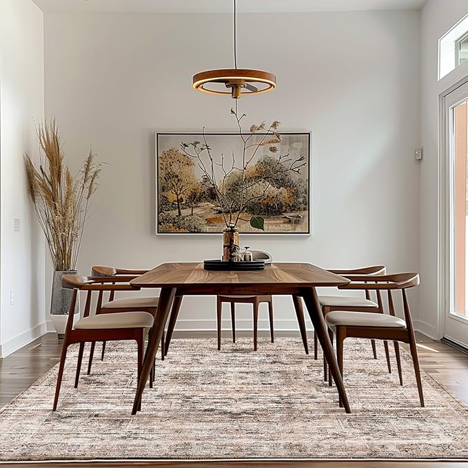GENIMO 8x10 Area Rugs for Living Room, Machine Washable Non Slip Vintage Rugs, Low Pile Lightweight Chenille Print Rug for Bedroom, Dining Room, Home Office, Brownish Drab