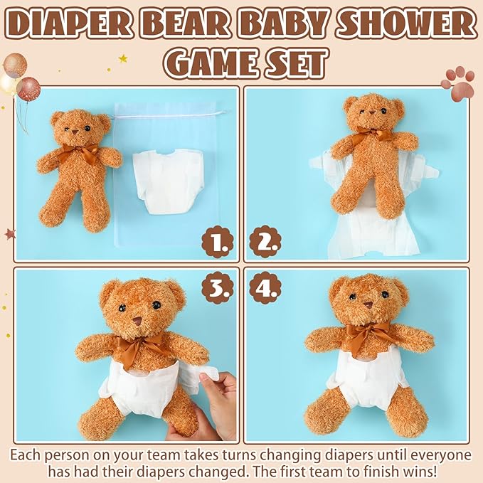 8 Sets Bear Blindfolded Diaper Changing Baby Shower Games Boys Girls Baby Dolls Diapers for Bridal Shower Gender Reveal Games Prizes Gifts for Adults