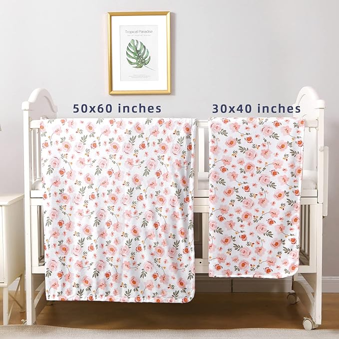 DaysU Silky Micro Soft Plush Baby Blankets for Girls with Print Floral Pattern and Soothing Raised Dots, Double Layer Bed Throws for Baby Crib, Blossom, Pink, 30x40 Inches