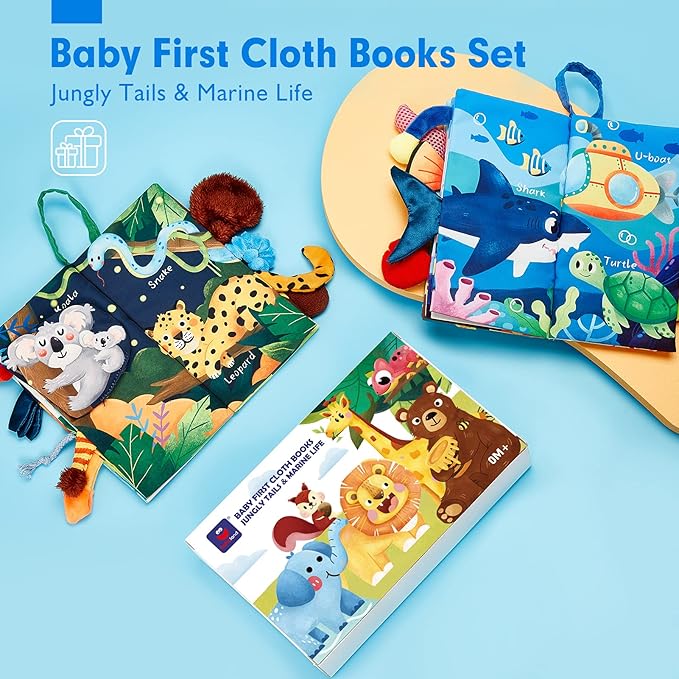 hahaland Baby Toys 0-6 Months - Crinkle Books for Babies 2PCS, Cloth Texture Tails Sensory Book 6-12 Months, Soft Tummy Time Toys 3 4 5 Month Newborn Infant Boys Gifts Christmas Baby Stocking Stuffers
