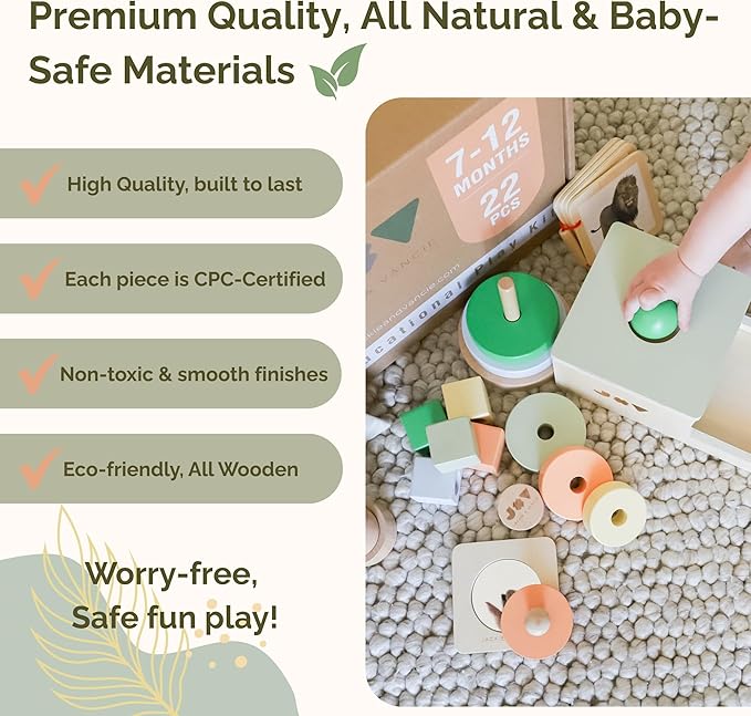 Jackie & Vancie Montessori Toys for 1 Year Old, Sensory Playkit 6 in 1 Wooden Learning Toys with Object Permanence, Rainbow Stacker, Mirror Puzzle, Sensory Blocks, Egg & Cup, Wooden Book