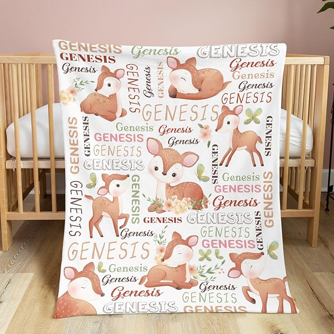 Personalized Baby Blanket for Girls Deer Custom Baby Blankets with Name Dotted Backing Customized Gifts for New Mom Customize Baby Blanket for Kids Newborn Birthday