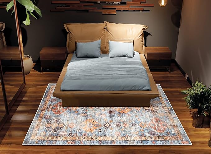 Bloom Rugs Washable Non-Slip 9' x 12' Rug - Blue/Orange Traditional Bordered Area Rug for Living Room, Bedroom, Dining Room, and Kitchen - Exact Size: 9' x 12'