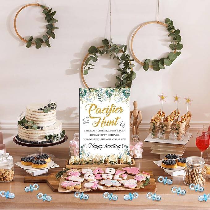 Thyle 51 Pcs Pacifier Hunt Baby Shower Games Include Hunt Sign and 50 Acrylic Pacifiers for Baby Shower Game Decoration Gift Sets Gender Reveal Party Decor(Greenery)
