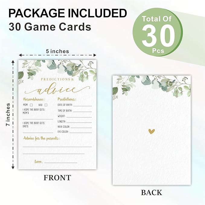 Predictions & Advice Baby Shower Game Cards - Golden Greenery - 30 Double-Sided Fill In Style Game Cards For Gender Reveal, Baby Announcement, Party Games & Activity - D01