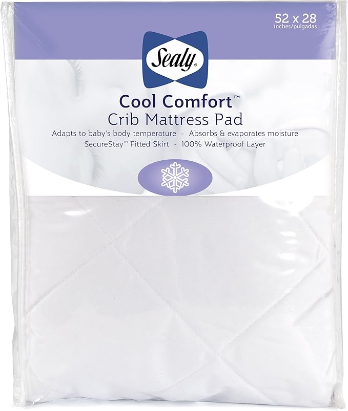 Sealy Baby Cool Comfort Cooling Breathable Waterproof Crib Mattress Protector Pad, Toddler Bed Cover, Infant and Newborn Durable Comfortable Topper, Machine Washable and Dryer Friendly, 52x28”- White