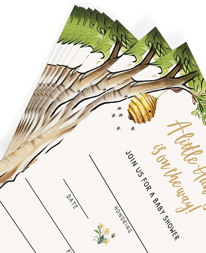 Printed Party Winnie Baby Shower Invitations with Envelopes – Classic Pooh Theme, Gender Neutral Storybook Design for Baby Boy or Girl, Set of 30