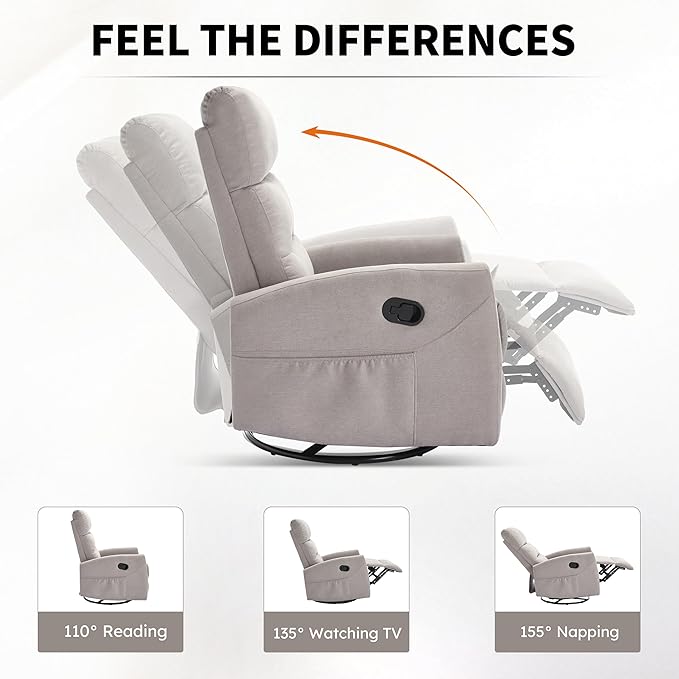 360° Swivel Rocking Chair for Nursery, Manual Glider Chair Nursing Chair with Side Pockets, Polyester Glider for Living Room, Heavy Duty Motion Mechanism, Light Gray