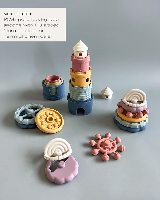 Hippypotamus Baby Stacking Toys - Teething Toys - Stacking Cups - Food-Grade Silicone Teethers - 6+ Months - Soft Bath Toy