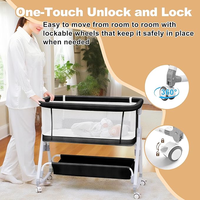Baby Bassinet,3 in 1 Bedside Bassinet for Baby with Hanging Toys, Portable Foldable Bassinets Bedside Sleeper,4-Sided Mesh Bedside Crib with Wheels and Storage Basket,6 Height Adjustable (Black)