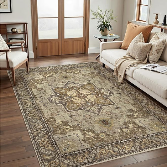 Ciicool 4x6 Rug, Washable Area Rug Boho Rugs for Living Room Non-Slip Indoor Rugs Low-Pile Mat Floor Carpet Vintage Rug for Bedroom Dinning Office Foyer Decor