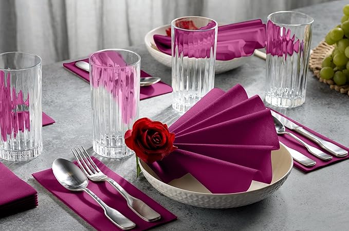 Linen-Feel Purple Paper Napkins - Decorative Cloth-Like Disposable Dinner Napkins - Soft And Absorbent. For Kitchen, Party, Wedding, Bathroom Or Any Occasion. (Pack of 100)