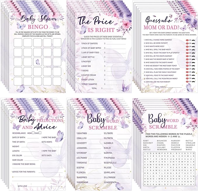 Jetec 302 Pcs Butterfly Theme Baby Shower Games - 6 Games, 50 Sheets Each - Shower Party Bingo, Word Scramble, Word Search, Predictions and Advice, The Price is Right, Guess Who