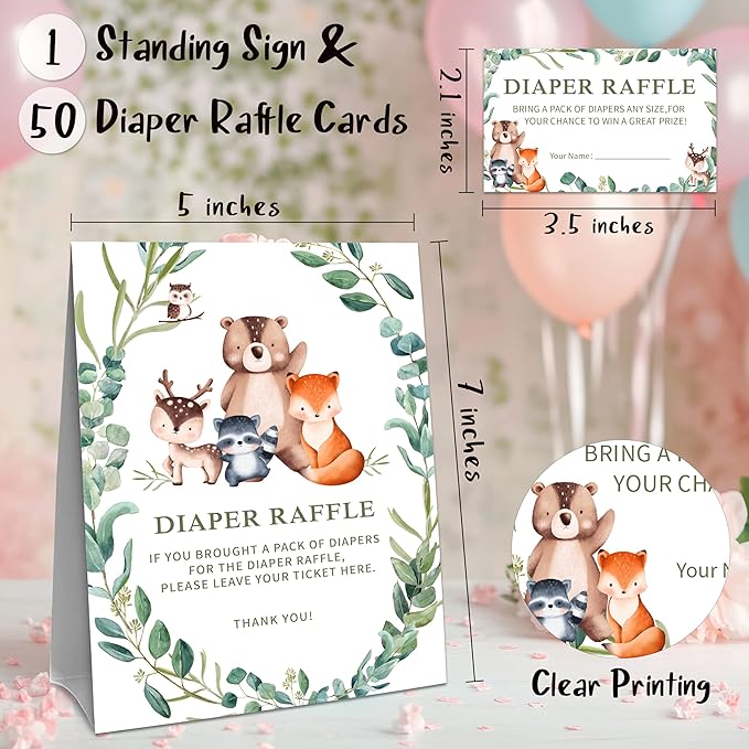 Greenery Animals Diaper Raffle Set For Baby Shower - 50 Raffle Tickets With 1 Standing Sign - Baby Announcement, Gender Reveal Baby Shower Party Decoration Game Set - A04
