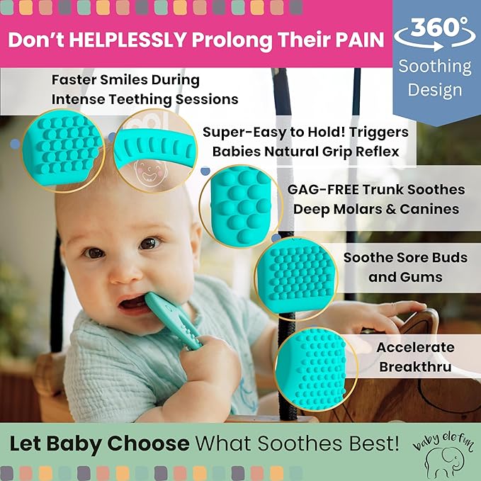Teethers for Babies 6-12 Months - Baby Elefun 5x Pain Relief Toddler Teether. No More Ouch for Mom Anti Bite Trainer. Nurtures Grasping, Passing, Hand Eye Coordination. Silicone Baby Teething Toy Ring