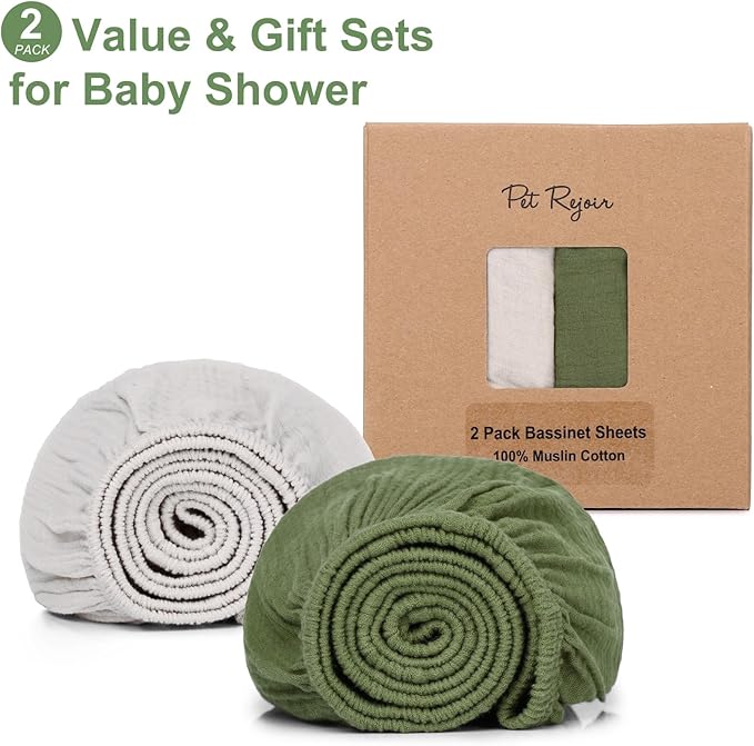 Muslin Bassinet Sheet for Baby Boy and Girl-2 Pack 17"x 33" Soft Bedside Bassinet Sheets Fitted for Rectangle, Round, Oval, Hourglass Mattress-Neutral Olive Green & Beige