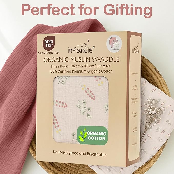 Organic Cotton Muslin Baby Blanket 3 Pack - 38x40 Inch Breathable Swaddle, Hypoallergenic Double-Layer, Versatile Use (Pink, Floral, Rust, 38x40 Inch)