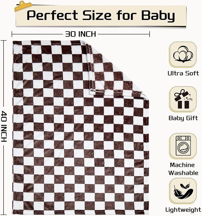 Yurhap Checkered Baby Blanket Fleece Baby Blankets Neutral for Boys Girls, Super Soft Warm Lightweight Infant Toddler Newborn Receiving Gifts for Crib Stroller, 30x40 Inch, Brown