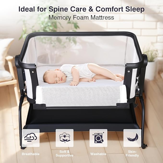 Bedside Cribs 3 in 1 Baby Bassinet Bedside Sleeper with Adjustable Height Easy Folding Portable Crib Comfy Mattress and Wheels - Black