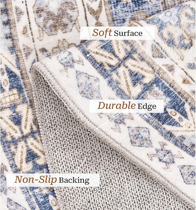 zesthome 8ft Round Rugs for Living Room, Non-Slip Washable Round Area Rugs, Ultra-Thin Large Circle Rugs, Soft Low Pile Rug for Bedroom, Kitchen - Vintage Stain Resistant Round Rug (Blue/Beige,8'x8')