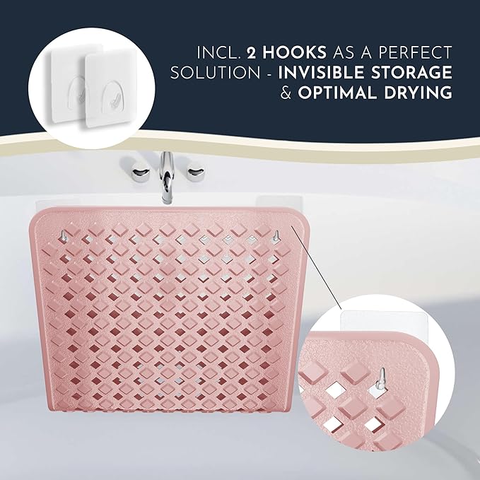Homerella Bath Mat for Tub Non Slip Mold Resistant 35x16 - Shower Mat Non Slip Anti Mold - Bathtub Mat Suction Cups incl. Hooks for Drying - Rose Vinyl Rectangular