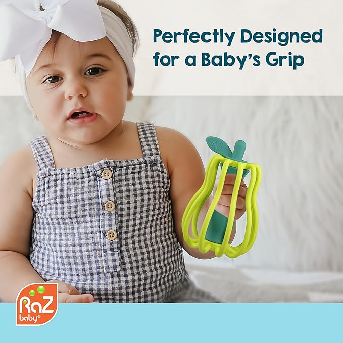 RaZbaby RaZ-Apple Silicone Teether & Rattle Toy – Soft, Flexible & Easy to Hold, Soothing Sounds for Entertainment, Textured for Teething Relief, Nipple-Shaped Stem for Comfort – BPA-Free, 3M+