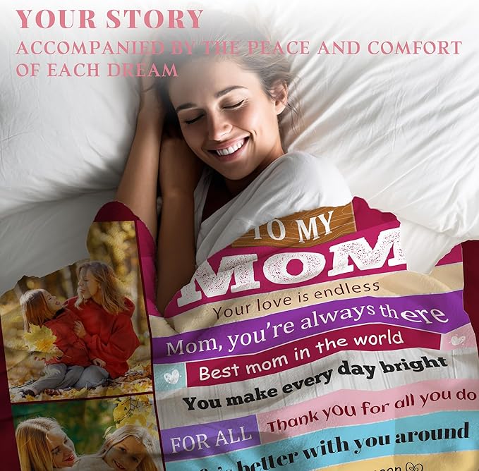 Personalized Mothers Day Birthday for Mom Custom Throw Blanket with Pictures, Customized Photo Blankets Gift for Mom Women Grandma Wife from Daughter Son Kids Husband(mom Stripe)