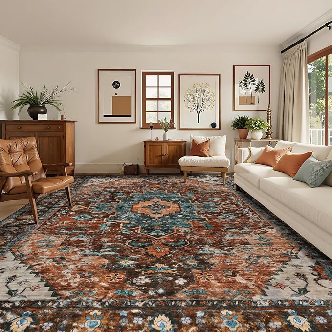 Ciicool 9x12ft Vintage Washable Area Rug,Large Oriental Throw Carpet,Non-Slip Low Pile Rug for Living Room, Bedroom, Dining Room, Office, Kitchen(Brick Red/Dull Teal)