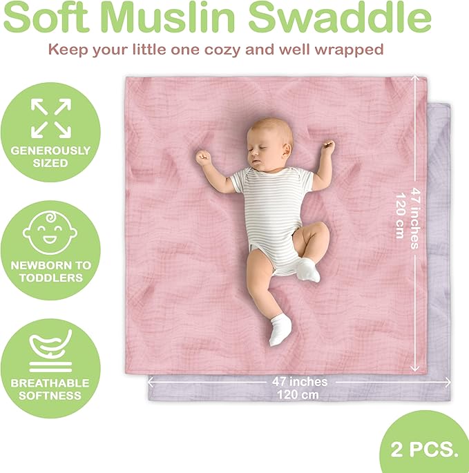 Organic Cotton Muslin Baby Blanket - 47x47 Inch Breathable Swaddle, Hypoallergenic Double-Layer, Versatile Use (Light Pink/Light Purple, 47x47 Inch)
