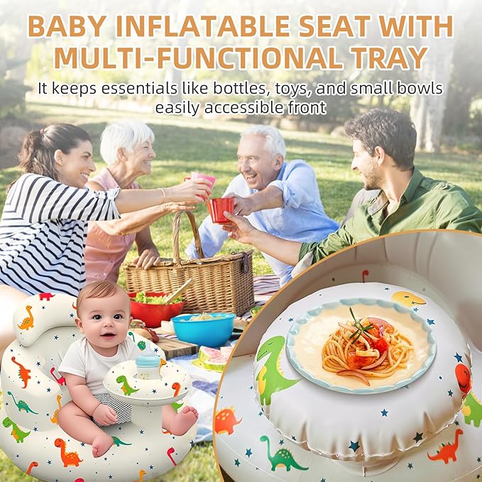 Inflatable Baby Seat with Tray, Blow up Infant Chair for Babies 3 Months and up, Comfortable Baby Floor Seats for Sitting Up, Built in Air Pump with Back Support Toddler Waterproof Sofa (Dinosaur)