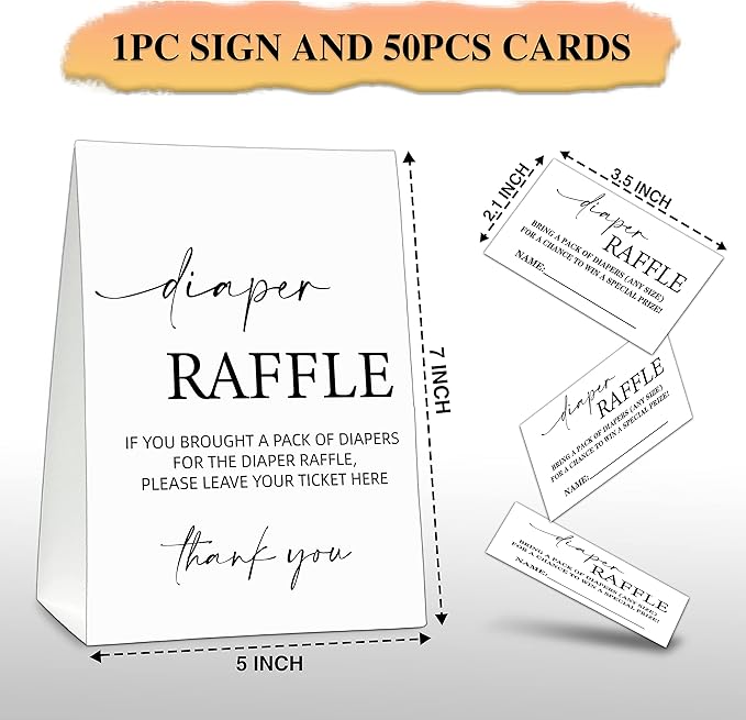Baby Shower Game Card Set, Diaper Raffle Tickets and Sign, Modern Black and White 1 Sign and 50 Cards, Minimalist Boy Girl Gender Neutral Baby Shower Supplies-B01