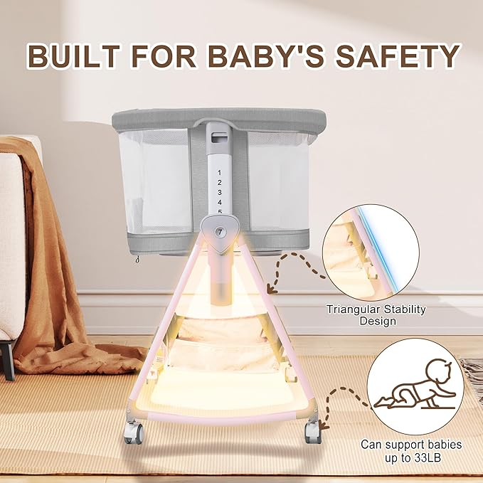 Baby Bassinet Bedside Crib, 3 in 1 Baby Bassinet Bedside Sleeper with Musical Toy, Adjustable Portable Crib All Mesh Bedside Bassinet with Storage Basket, Grey