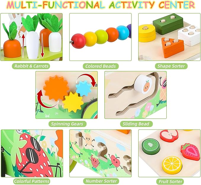 Wooden Baby Walker with Wheels,Toddler Push and Pull Walker Montessori Multiple Activity Center with Shape Sorting Grocery Toy and Puzzles Push Cart for Boys Girls 6-12 Months 1 2 3 Years Old (Fruit)