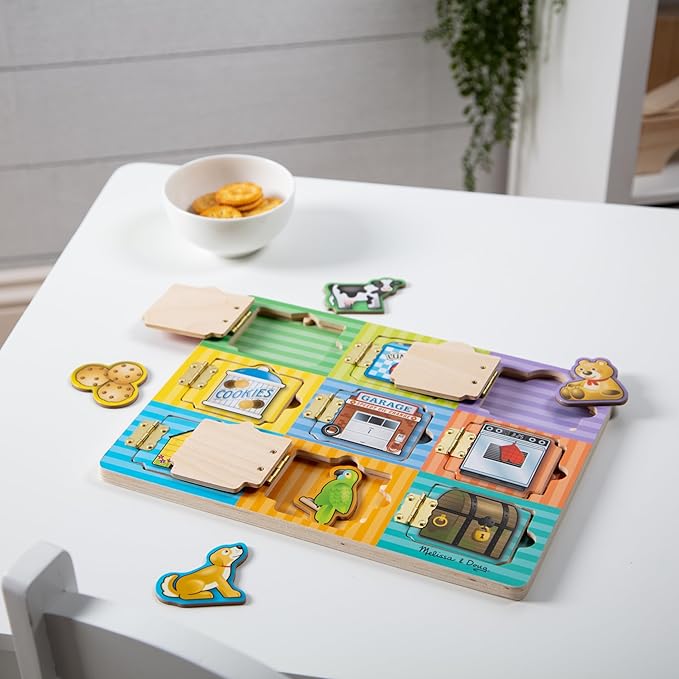 Melissa & Doug Wooden Hide & Seek Activity Board – Montessori Busy Board with Hinges, Doors & 9 Wooden Magnetic Puzzles, Educational Preschool Learning Toy for Toddlers & Kids Ages 3+