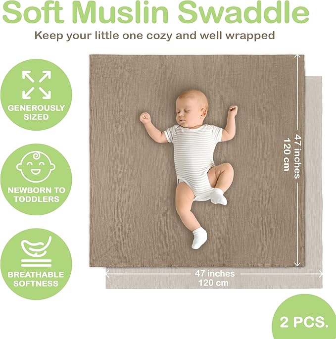 Organic Cotton Muslin Baby Blanket - 47x47 Inch Breathable Swaddle, Hypoallergenic Double-Layer, Versatile Use (Olive/Ivory, 47x47 Inch)