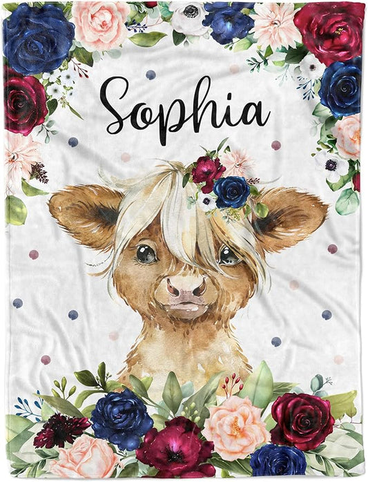 Highland Cow Personalized Baby Blanket for Girls, Super Soft Plush Fleece, 30''x40''