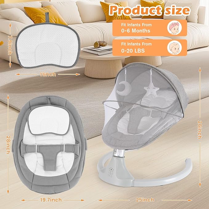 Baby Swing 5 Speed Remote & Bluetooth 12 Preset Lullabies with Remote Control,3-Point Widening Harness,Infant Rocker for Breastfeeding Playtime,ASTM F2167 Certified (0-12 Months)