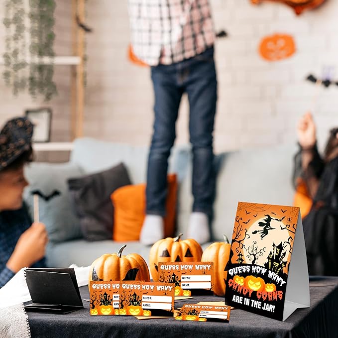Halloween How Many Candy Corns Are In The Jar - 1 Standing Sign & 50 Guessing Cards - Halloween Witch Party Game & Decoration For Boys, Girls, Adults - Baby Shower, Birthday Game Set - A09
