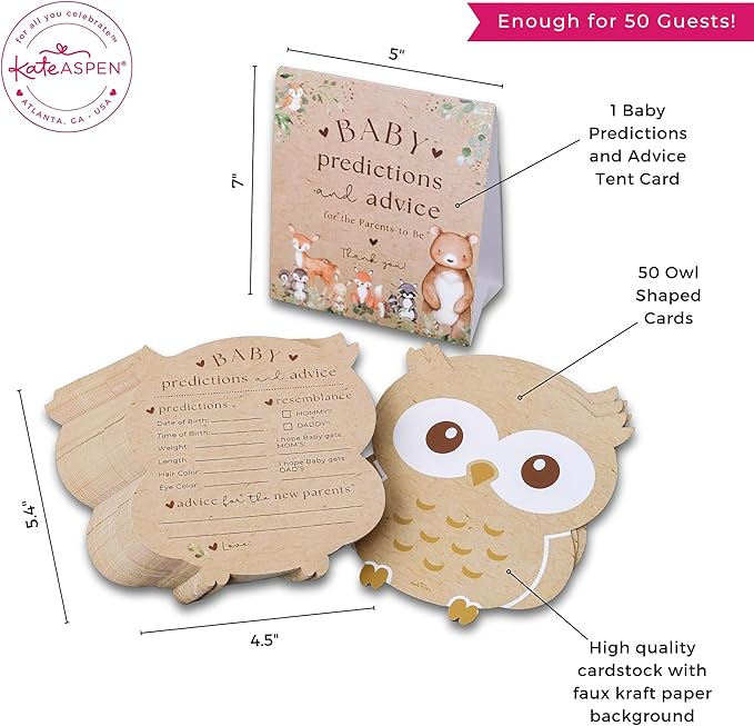 Kate Aspen Woodland Animal Advice Cards For Baby Shower Game & Activity, Baby Prediction Cards, Baby Shower Decorations, (Set of 50)