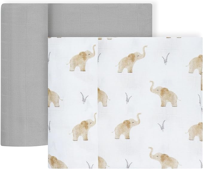 Featherhead™ 100% Cotton Muslin Swaddle Blankets for Baby Girl - Large 47”x 47” - Pre-Washed, Soft, & Breathable - Newborn Essential & Perfect Baby Registry Gift (2 Pack - Elephant)